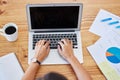 Top view, woman and typing on laptop mockup, keyboard or blank screen at office desk. Above, hands and business worker Royalty Free Stock Photo