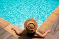 Top view of woman wear a hat and relaxing in swimming pool, swimming pool scenery on background. Summer holidays, vacation concept Royalty Free Stock Photo