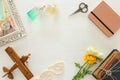 top view of women accessories, over wooden table