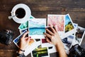 Top view of women`s hands holding printed photos Royalty Free Stock Photo