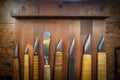 Top view of wood carving and cutting tools for luthiery arranged on a wooden board Royalty Free Stock Photo