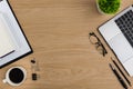 Top view Wood office desk table. Flat lay Workspace Royalty Free Stock Photo