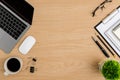 Top view Wood office desk table. Flat lay Workspace Royalty Free Stock Photo