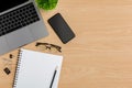 Top view Wood office desk table. Flat lay Workspace Royalty Free Stock Photo