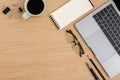 Top view Wood office desk table. Flat lay Workspace Royalty Free Stock Photo