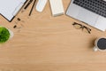Top view Wood office desk table. Flat lay Workspace Royalty Free Stock Photo