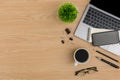 Top view Wood office desk table. Flat lay Workspace Royalty Free Stock Photo