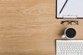 Top view Wood office desk table. Flat lay Workspace Royalty Free Stock Photo