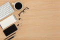 Top view Wood office desk table. Flat lay Workspace Royalty Free Stock Photo