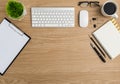 Top view Wood office desk table. Flat lay Workspace Royalty Free Stock Photo