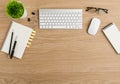 Top view Wood office desk table. Flat lay Workspace Royalty Free Stock Photo