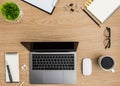 Top view Wood office desk table. Flat lay Workspace Royalty Free Stock Photo