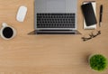 Top view Wood office desk table. Flat lay Workspace Royalty Free Stock Photo