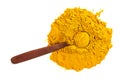 Top view of wood spoon on Turmeric powder on white