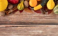 Top view of wooden background with fresh fall autumn food. Copy space. Thanksgiving concept Royalty Free Stock Photo