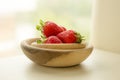 Top View Wooden Bowls Fresh Strawberries Table