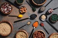 Top view of wooden bowls and spoons with superfoods, legumes and grains