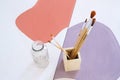 Top view of wooden box container holder with paintbrushes on desk, natural decor concept. Royalty Free Stock Photo