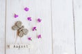 Top view of wooden calendar with August sign, clay butterfly and pink flowers Royalty Free Stock Photo