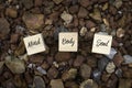 Top view of wooden cube written with Mind Body Soul on a brown rock background