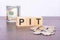 top view of wooden cubes with text PIT over US dollar banknotes and coins on a brown wooden background