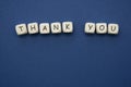 Wooden cubes with thank you words on blue background, copy space