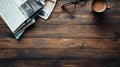 Top View of a Wooden Desk with a Cup of Coffee, Glasses, and a Stack of Books Royalty Free Stock Photo