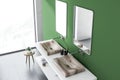 Double sink top view, green bathroom, mirrors