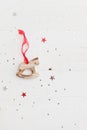 Top view on wooden horse Christmas decoration on retro wooden background with sparkling stars.. Holiday season Royalty Free Stock Photo