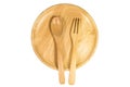 Top view of wooden plate , spoon and fork on white background Royalty Free Stock Photo