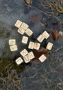 Top view of wooden runes in water outside, wiccan ritual