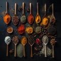 Top view of wooden spoon with different types of spices over dark background Royalty Free Stock Photo