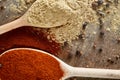 Top view of a wooden spoon full of curry on wooden barrel background, selective focus. Royalty Free Stock Photo