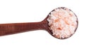 top view of wooden spoon with pink Salt close up Royalty Free Stock Photo