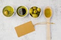 top view wooden spoon tasty olives. High quality photo