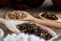 Top view of a wooden spoons full of paprica and black pepper on wooden barrel background, selective focus. Royalty Free Stock Photo