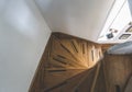 Top view of the wooden staircase. Vintage looking wooden steps inside an apartment