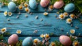 Top view of a wooden table, on top of it there are small eggs colored in pastel paintings, AI generated