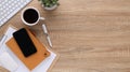 Top view wooden workspace office desk with computer and office supplies. Flat lay work table with blank notebook, keyboard, pen , Royalty Free Stock Photo