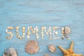 Top view word summer of sea shell on light blue wooden textured for holiday time background Royalty Free Stock Photo