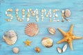 Top view word summer of sea shell on light blue wooden textured  for holiday time background Royalty Free Stock Photo