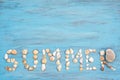 Top view word summer of sea shell on light blue wooden textured  for holiday time background Royalty Free Stock Photo