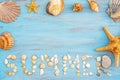 Top view word summer of sea shell on light blue wooden textured  for holiday time background Royalty Free Stock Photo