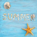 Top view word summer of sea shell on light blue wooden textured  for holiday time background Royalty Free Stock Photo