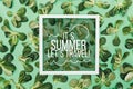 top view of words its summer, lets travel in frame and beautiful fresh green leaves Royalty Free Stock Photo