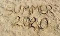 Top view of words Summer 2020 handwritten on sand