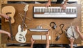 Top view of work desk of musicians in the process of recording music in the studio. Composition of musical instruments, musical Royalty Free Stock Photo