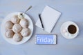 Top view of work space with phone and inscription with cup of coffee, cookies and notebook with copy space Royalty Free Stock Photo