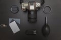 Top view of work space photographer on black table background Royalty Free Stock Photo