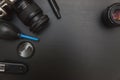 Top view of work space photographer on black table background Royalty Free Stock Photo